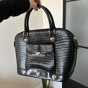 1990s Vintage M.C. Leather Croc Handbag with Silver Heart Accents